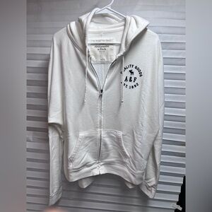 Abercrombie & Fitch White Full-Zip Hoodie with Navy Logo Accent
